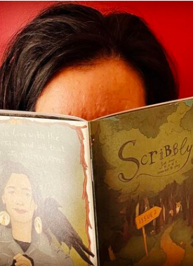 Barb D's face hiding behind her issue of Scribbly volume 1